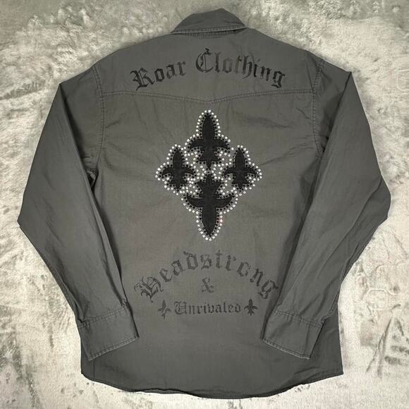 Vintage Y2K Roar Men’s Grey Embellished Western Cross Design Button-Up Shirt L - Picture 2 of 8